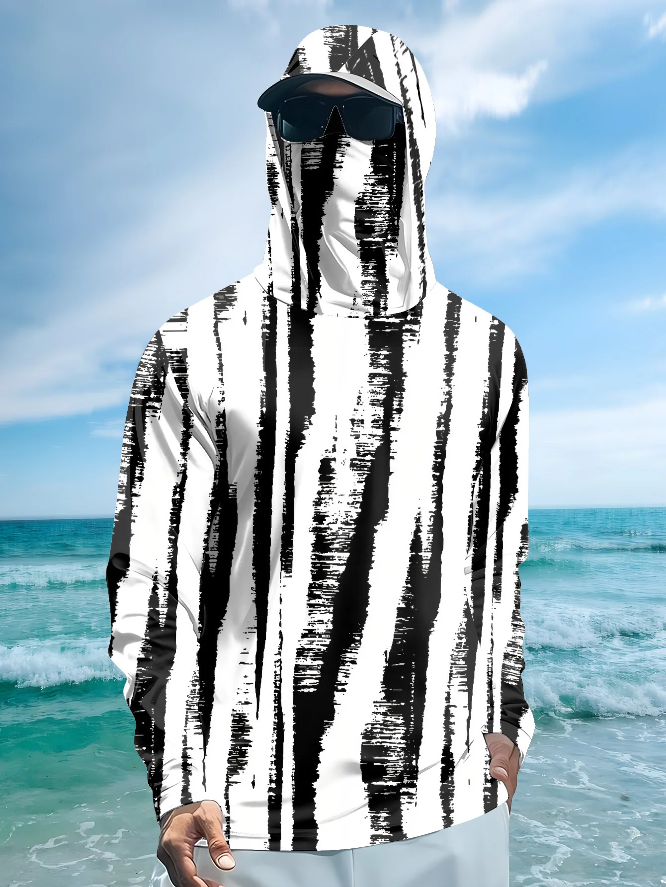 Fishing Hoodie - Heren zwart-wit gestreepte vis-hoodie met gezichtsmasker,